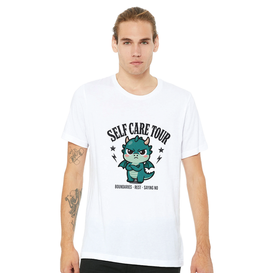 Self Care Tour dragon t-shirt worn, showing the regular unisex fit through the body and sleeve