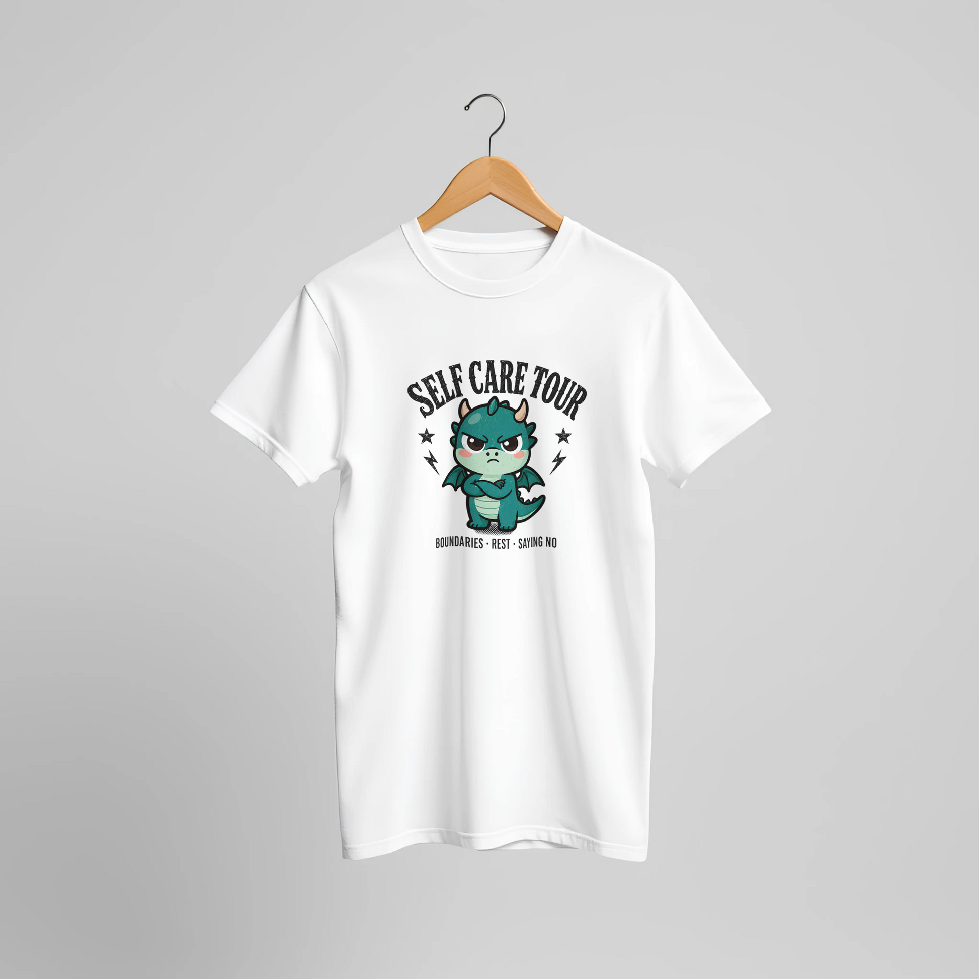 Self Care Tour t-shirt on a hanger showing the regular unisex fit and drape