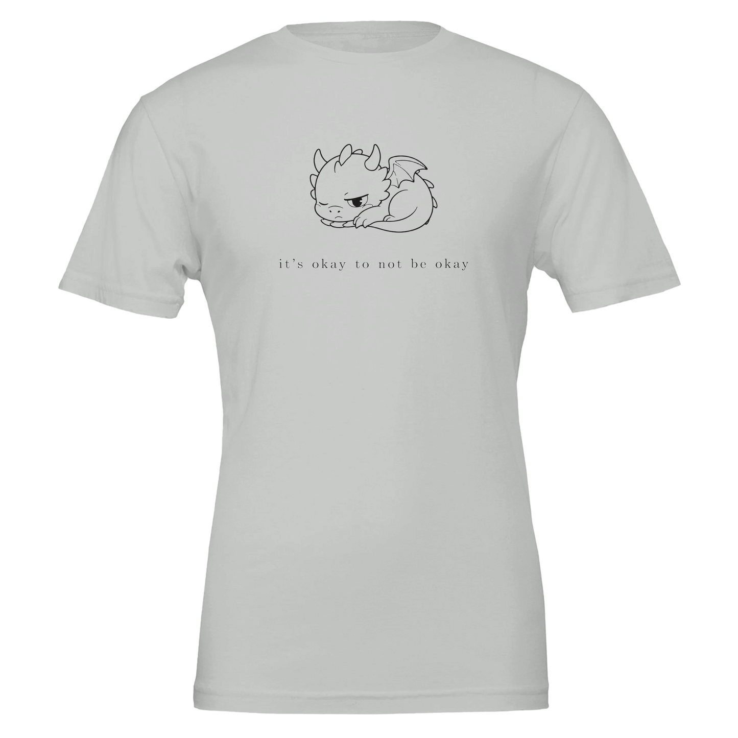 It's Okay To Not Be Okay tee in silver grey with minimalist sleeping dragon design