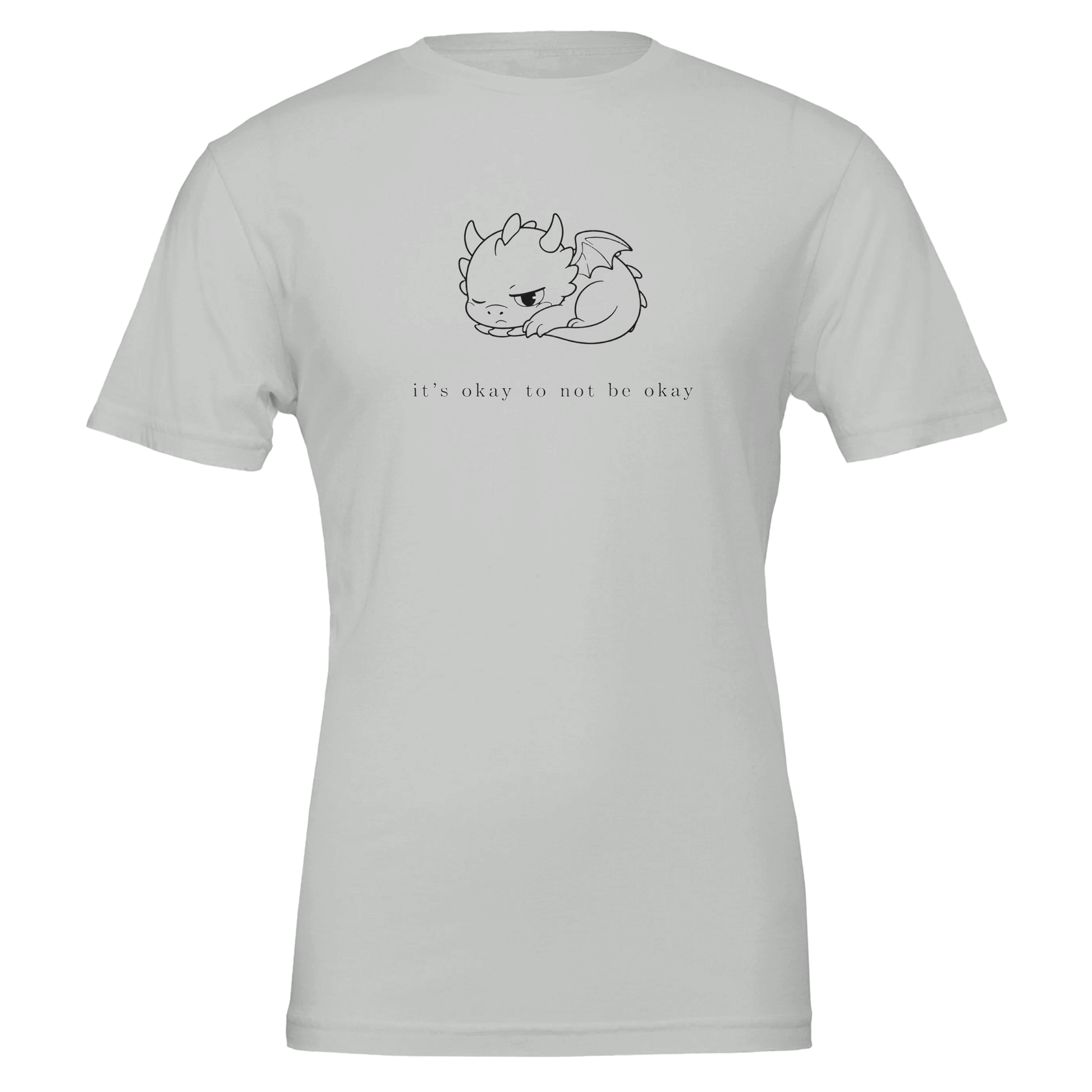 It's Okay To Not Be Okay tee in silver grey with minimalist sleeping dragon design