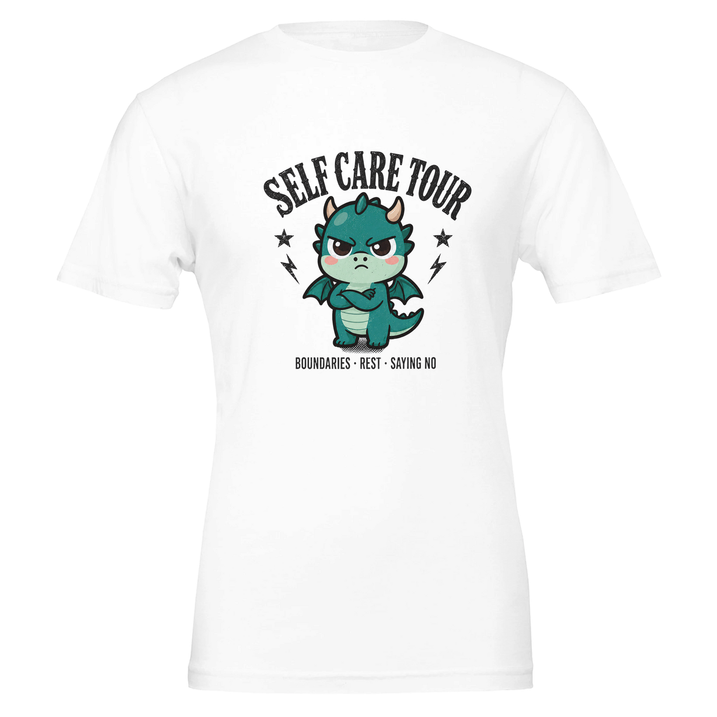 Self Care Tour dragon t-shirt laid flat, front print centred, shown in white