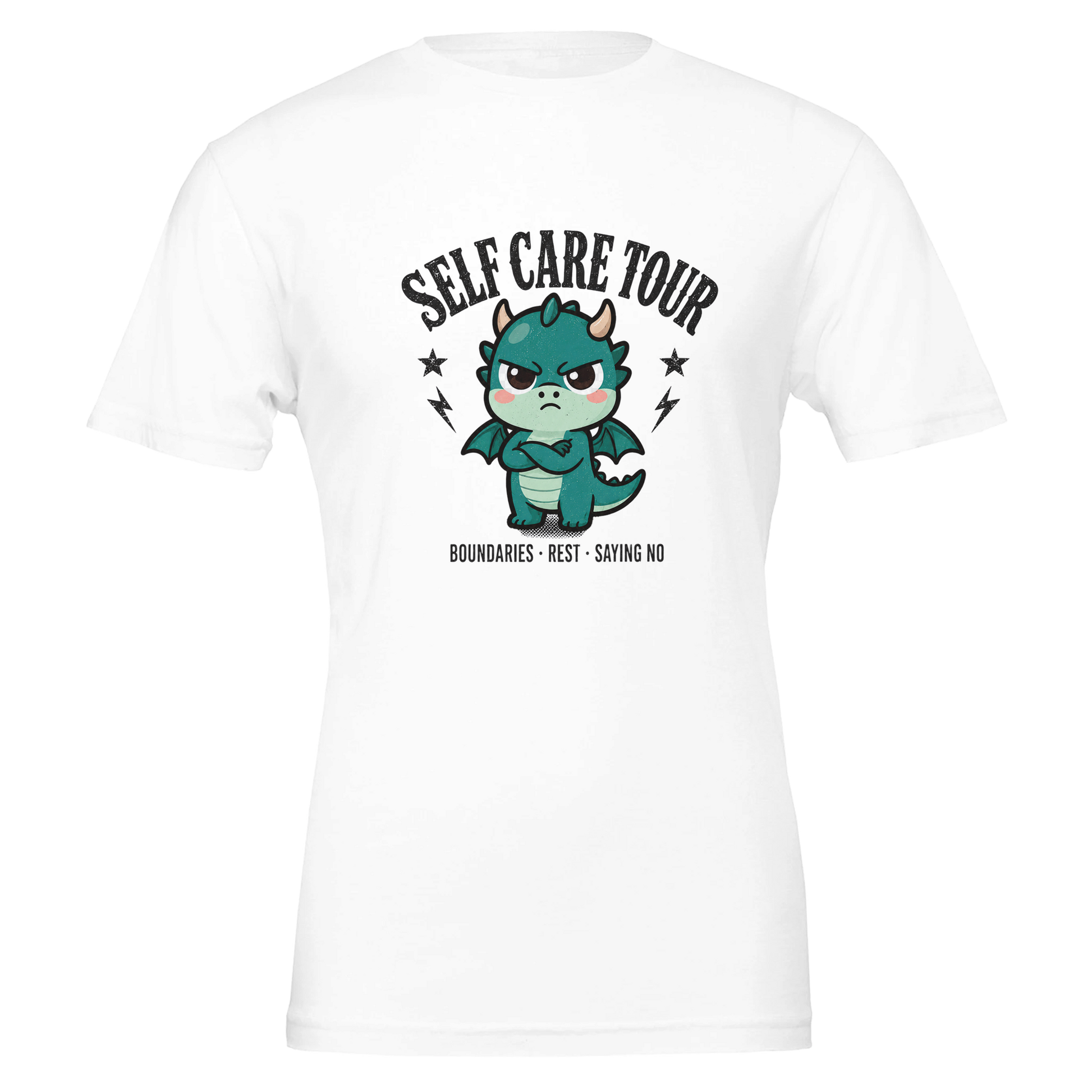 Self Care Tour dragon t-shirt laid flat, front print centred, shown in white