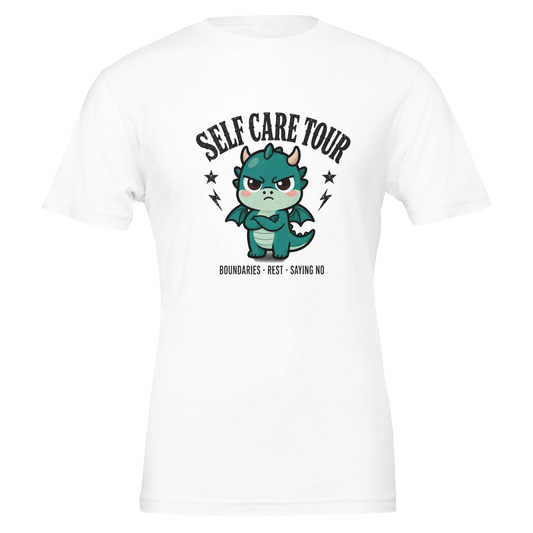 Self Care Tour dragon t-shirt laid flat, front print centred, shown in white