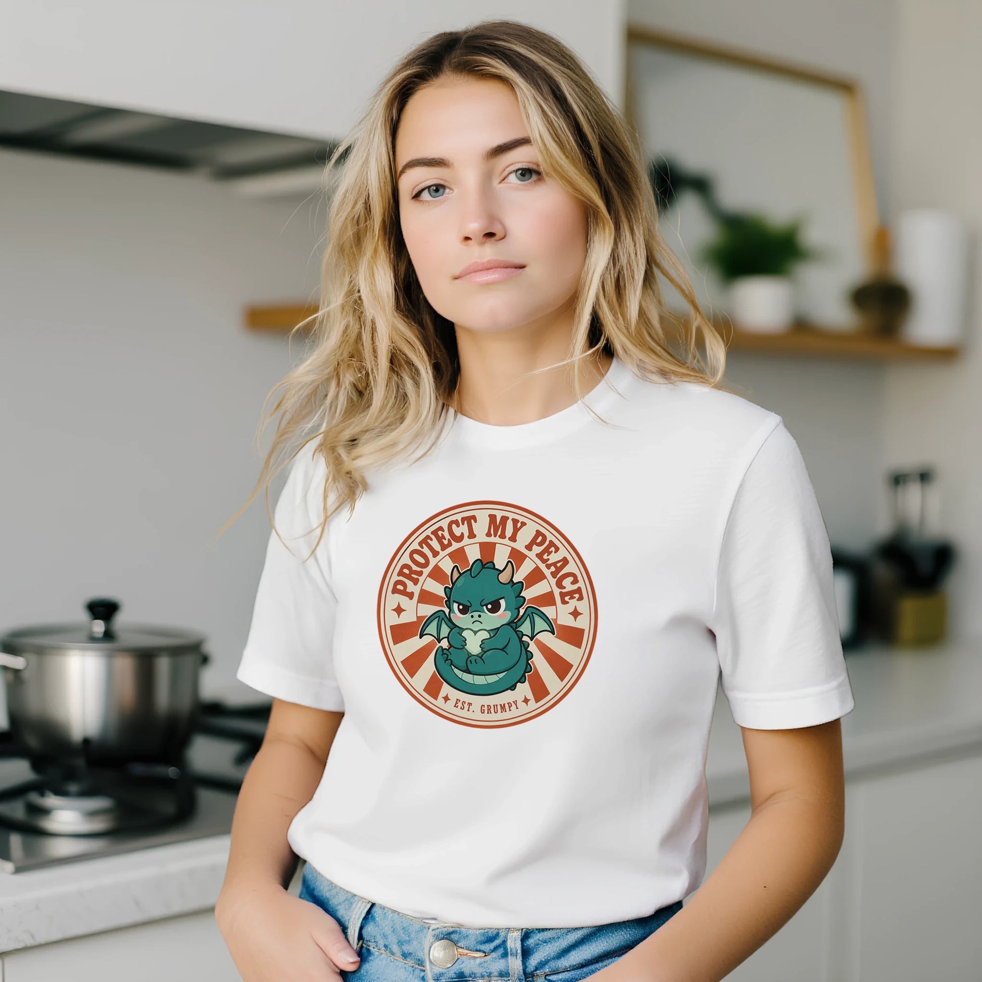 Protect My Peace dragon t-shirt shown in a plain everyday setting