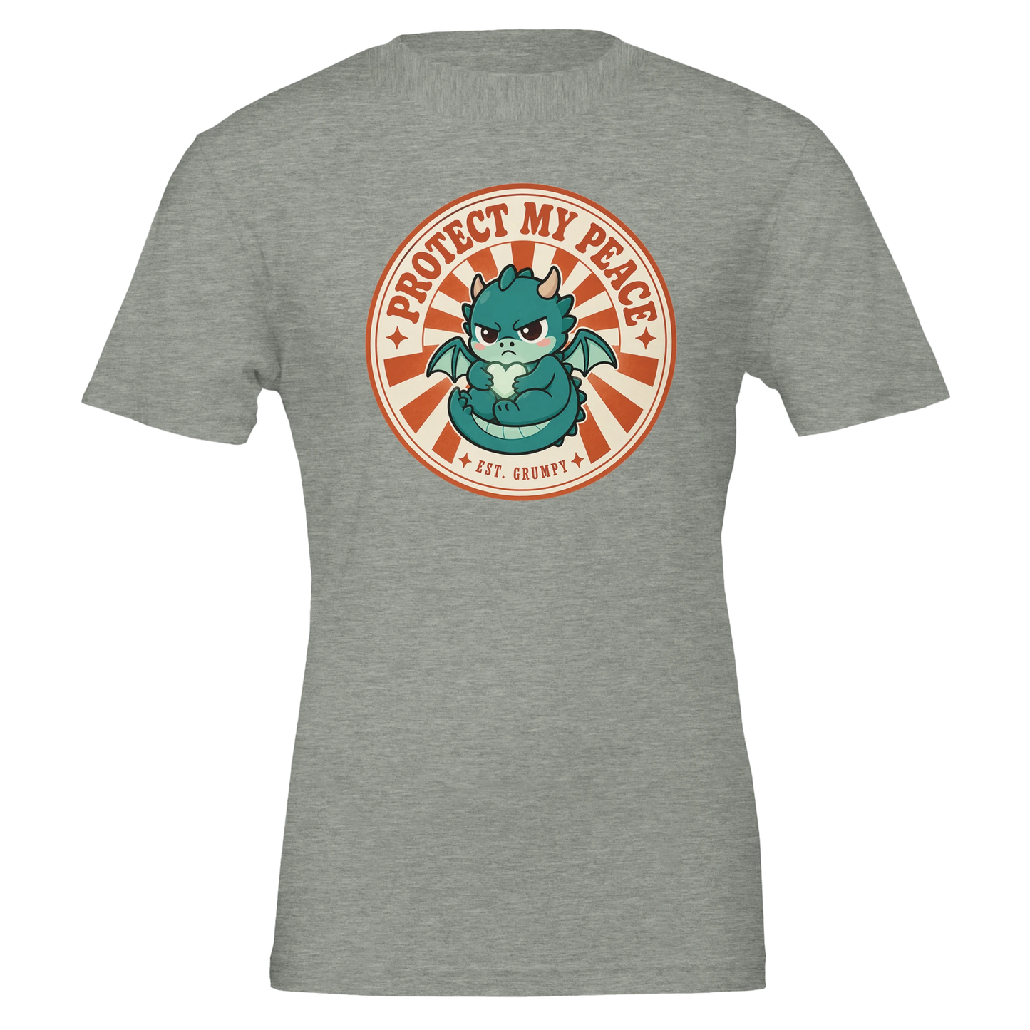 Protect My Peace dragon t-shirt in athletic heather, badge print centred