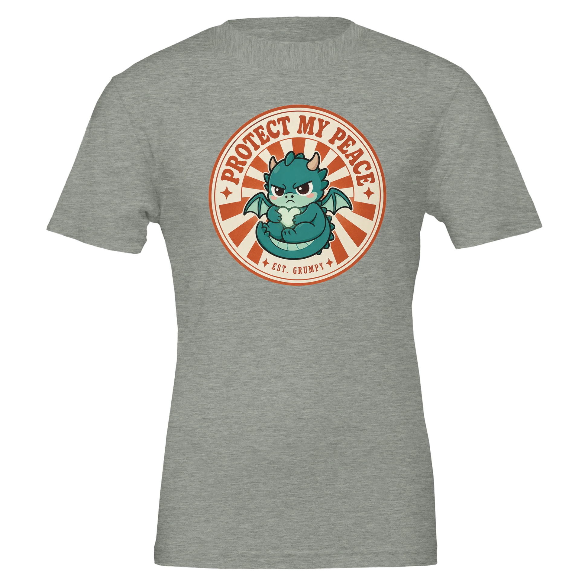Protect My Peace dragon t-shirt in athletic heather, badge print centred