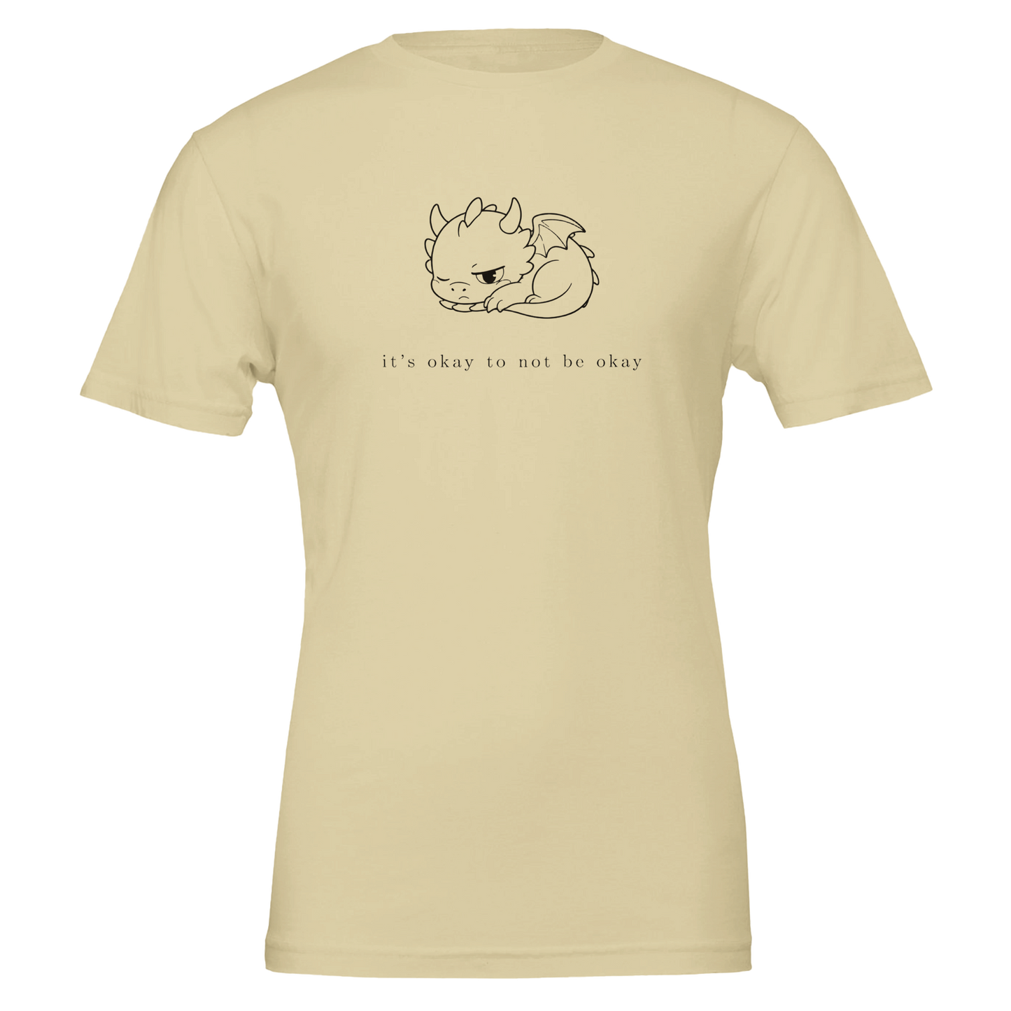 It's Okay To Not Be Okay mental health tee in natural cream color, minimalist dragon line art