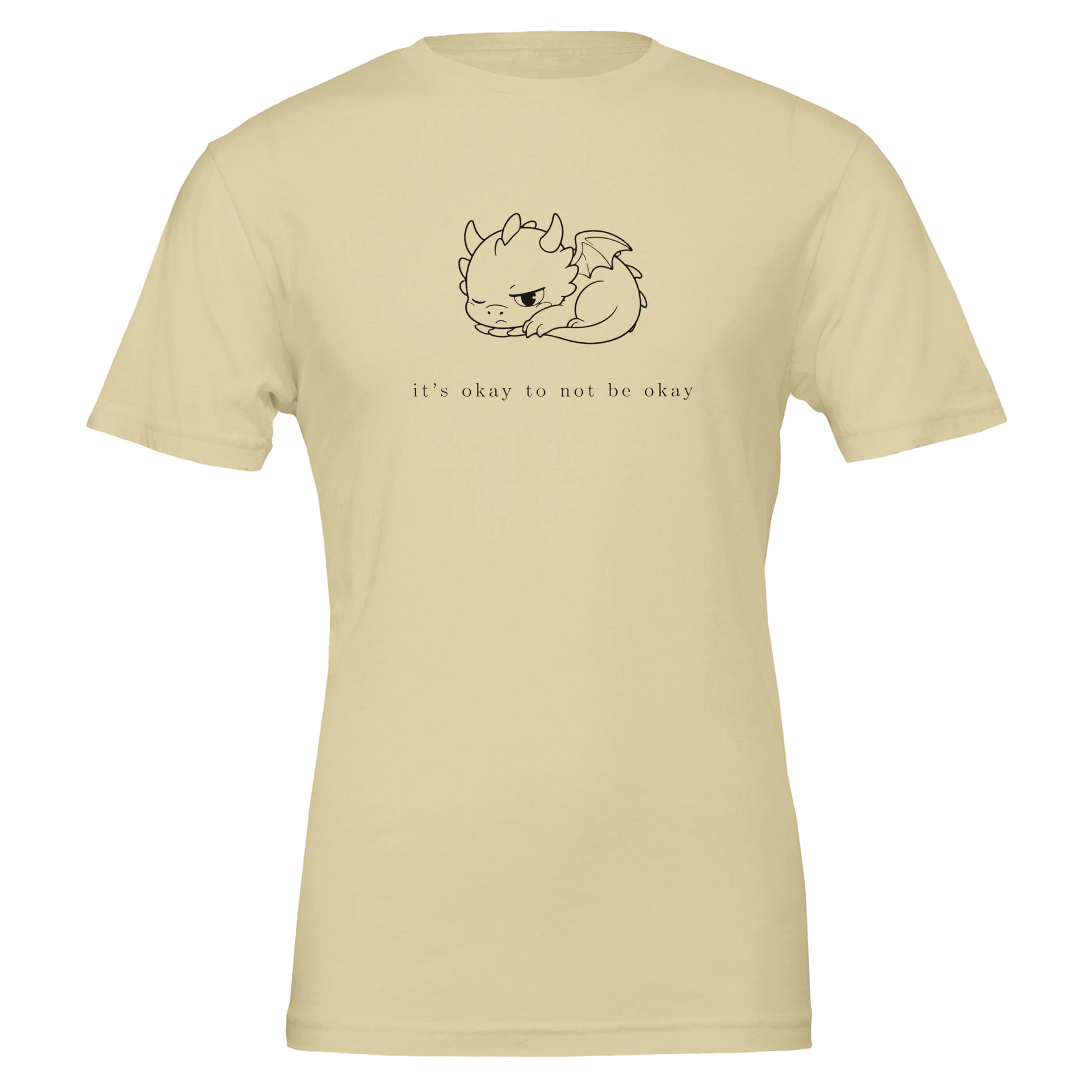 It's Okay To Not Be Okay mental health tee in natural cream color, minimalist dragon line art