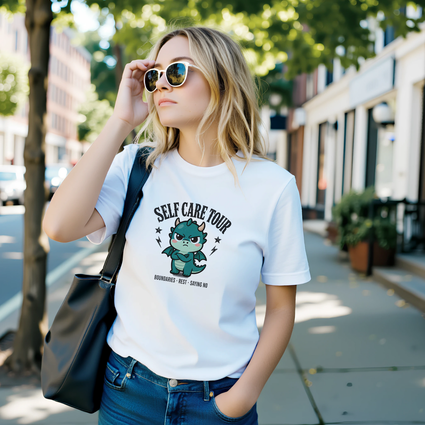 Self Care Tour dragon t-shirt worn outdoors in a plain everyday setting