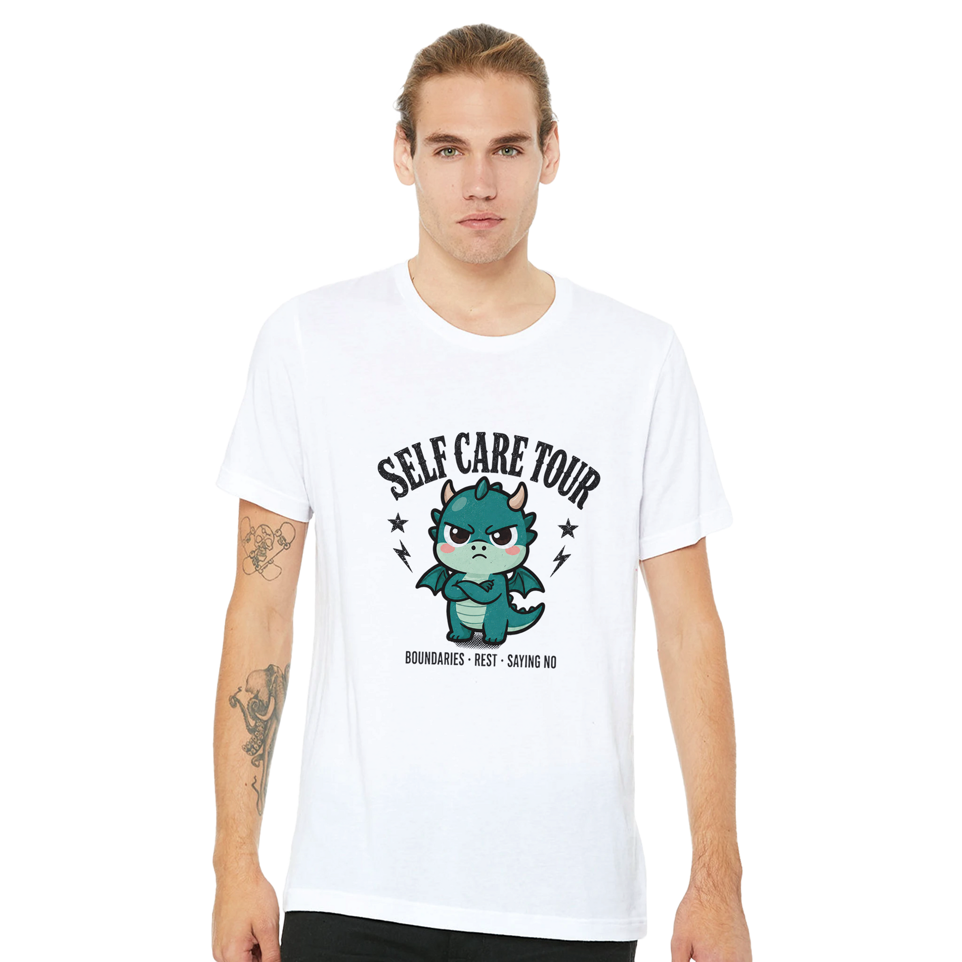 Self Care Tour dragon t-shirt worn, showing the regular unisex fit through the body and sleeve