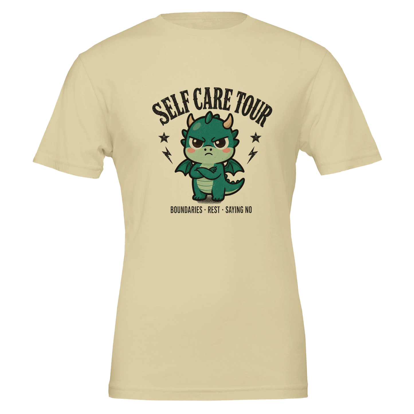 Self Care Tour dragon t-shirt in natural, front print centred