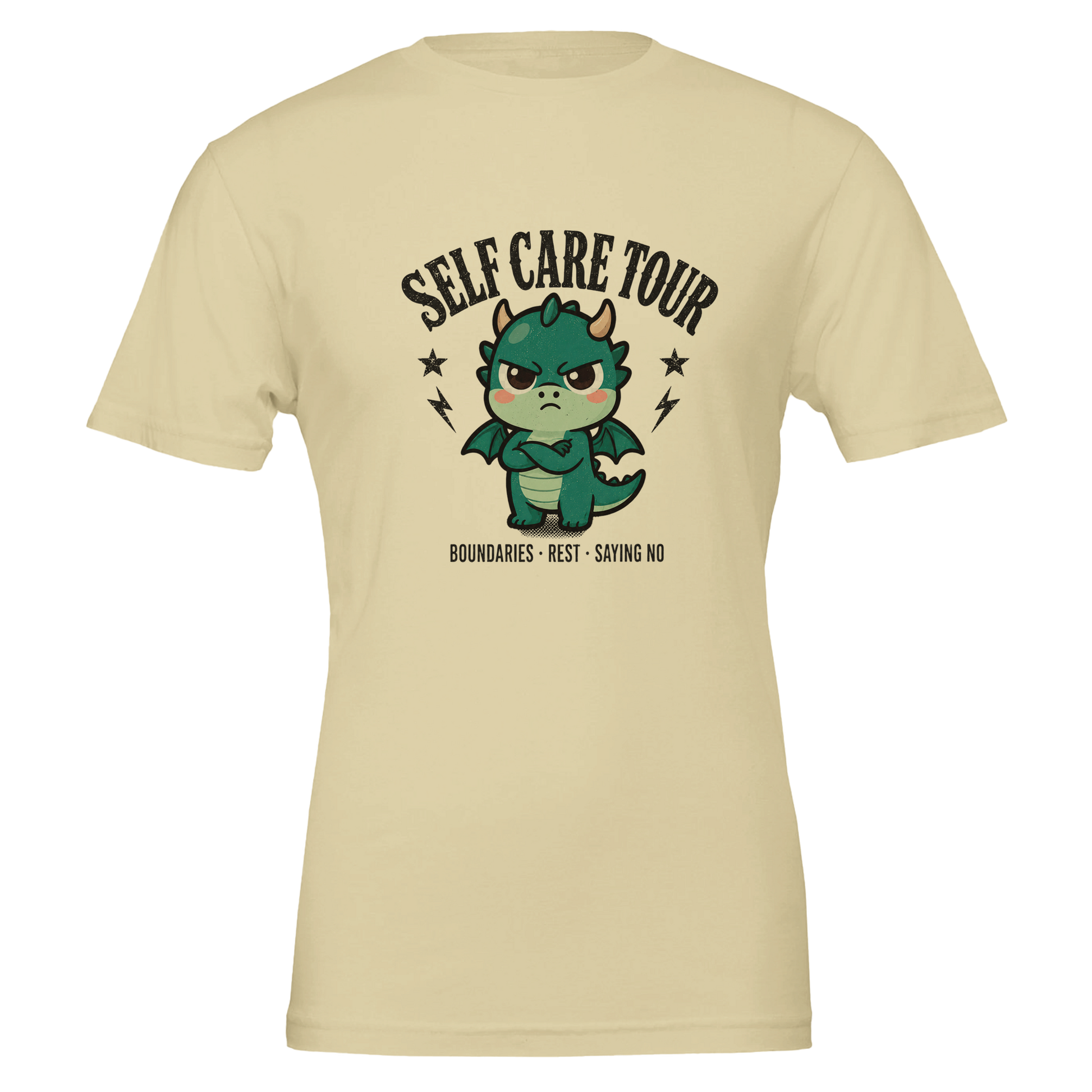 Self Care Tour dragon t-shirt in natural, front print centred