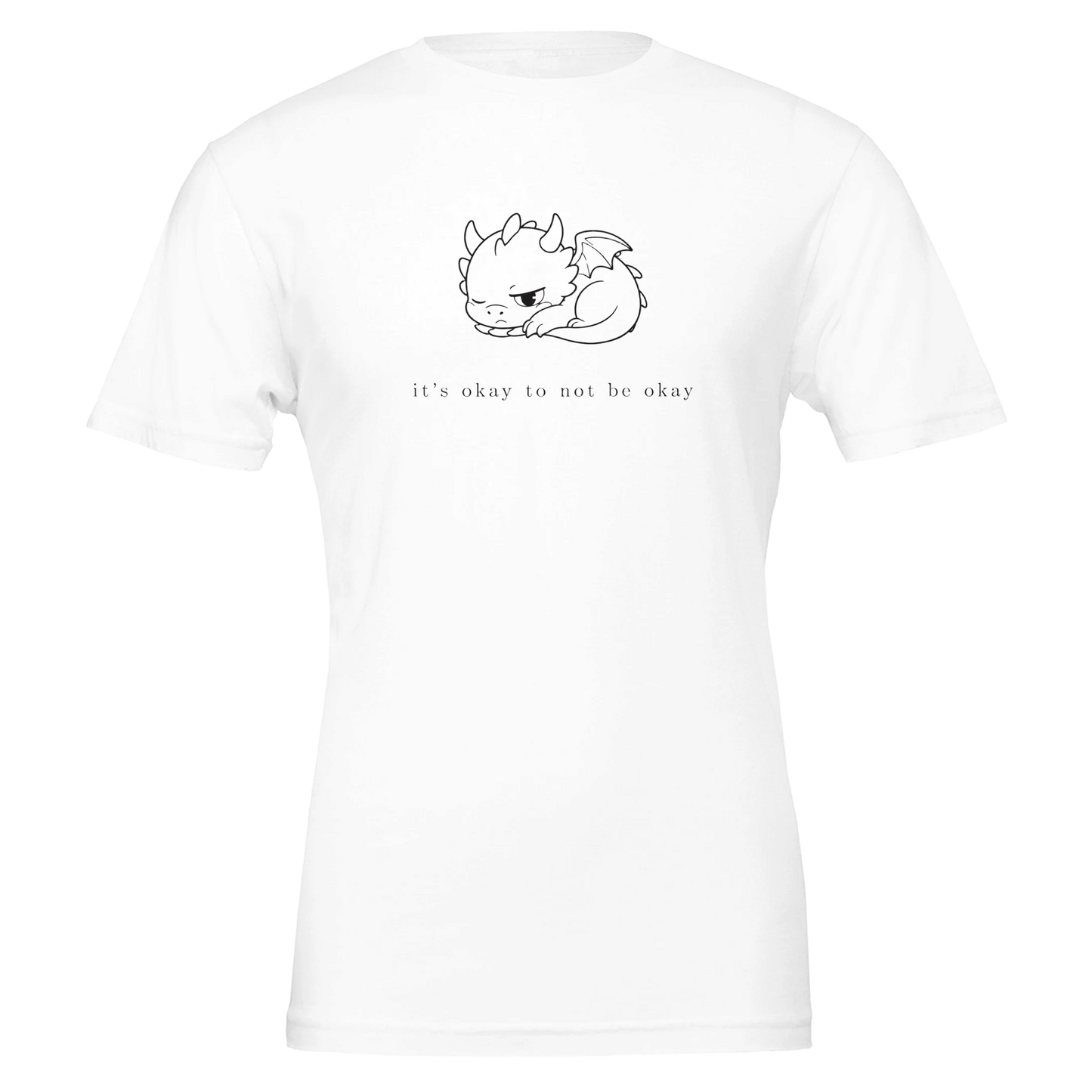 White It's Okay To Not Be Okay t-shirt with minimalist line art of Grix the dragon curled up asleep