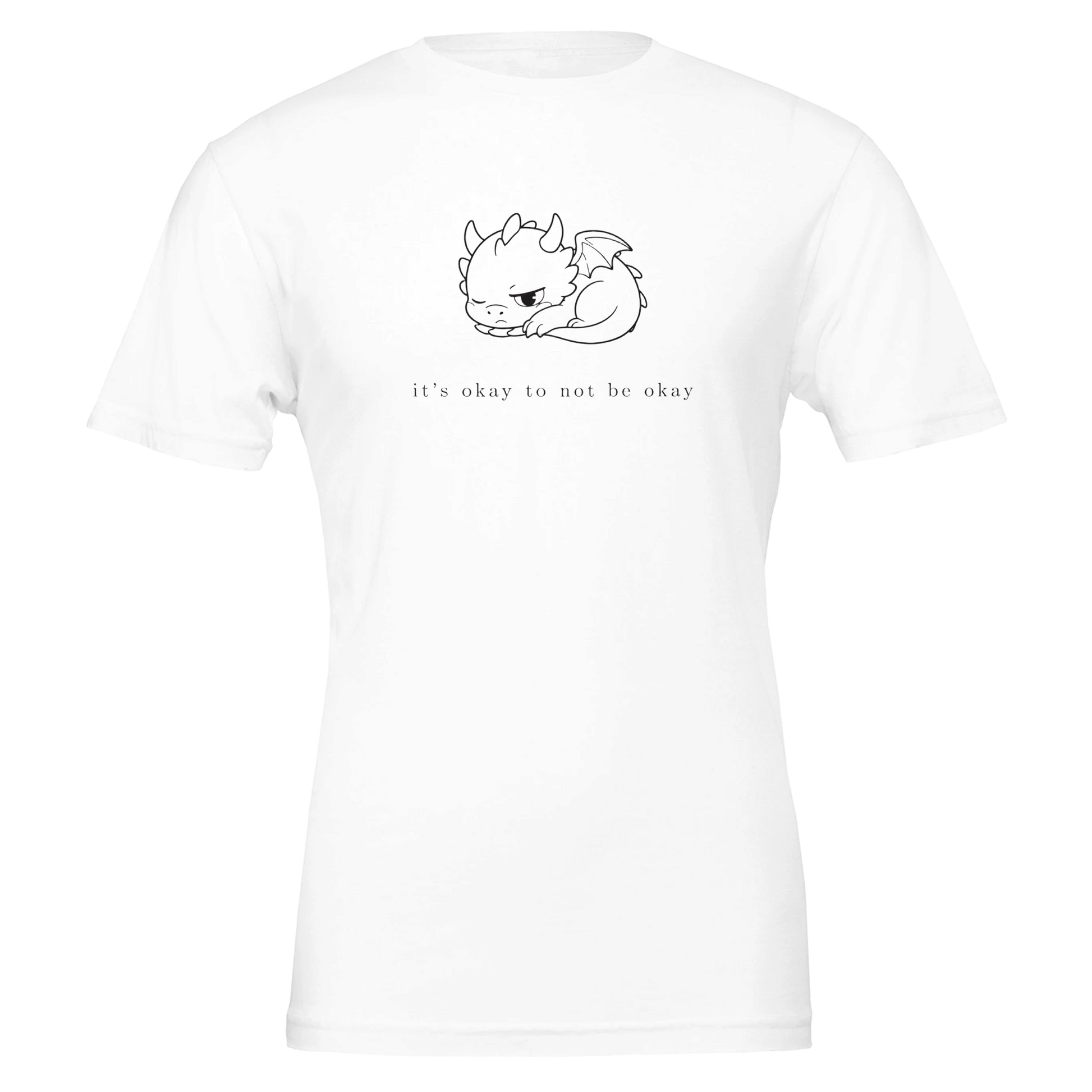 White It's Okay To Not Be Okay t-shirt with minimalist line art of Grix the dragon curled up asleep