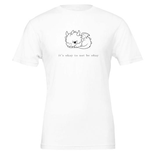 White It's Okay To Not Be Okay t-shirt with minimalist line art of Grix the dragon curled up asleep