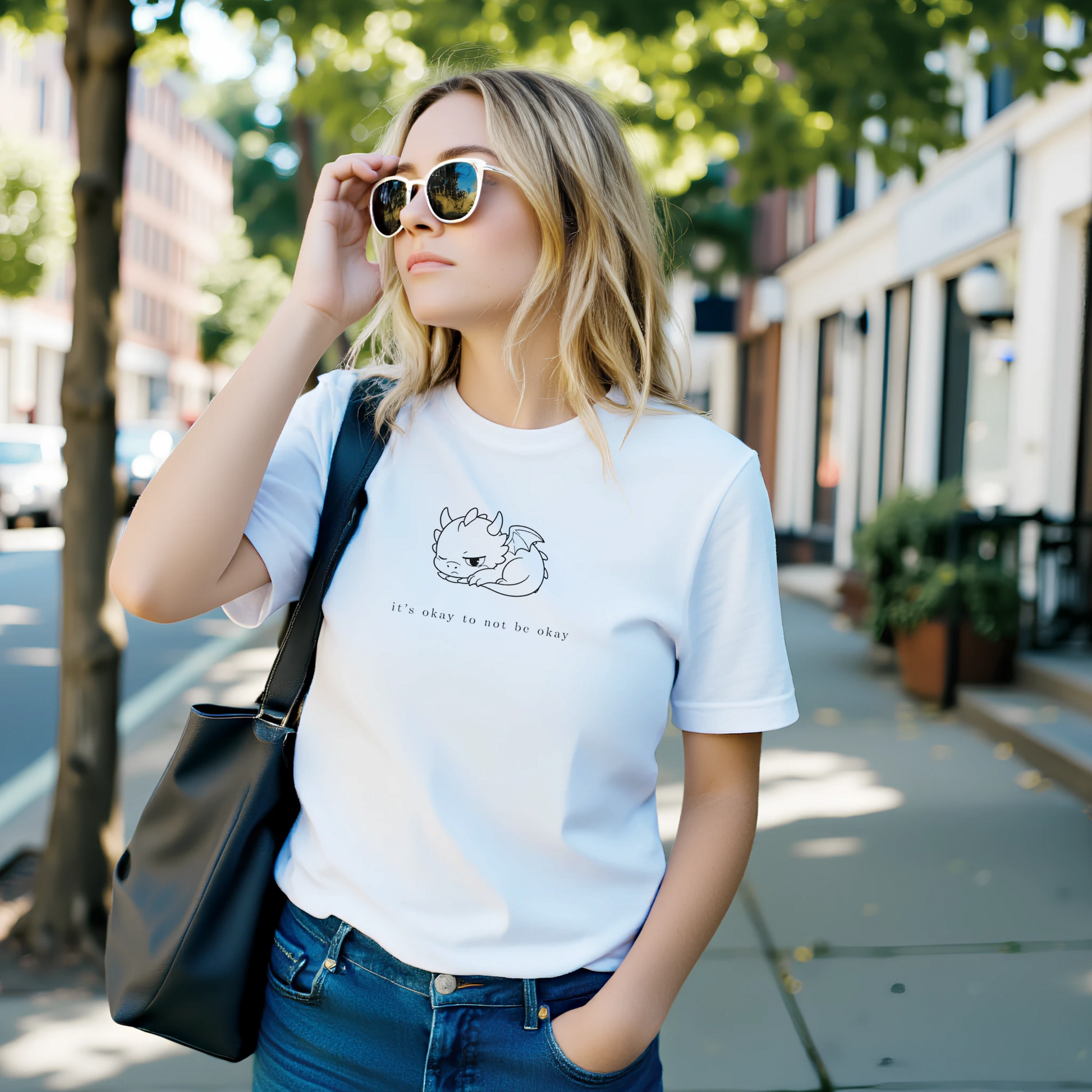 Woman in cozy white dragon t-shirt with It's Okay To Not Be Okay design, casual street setting