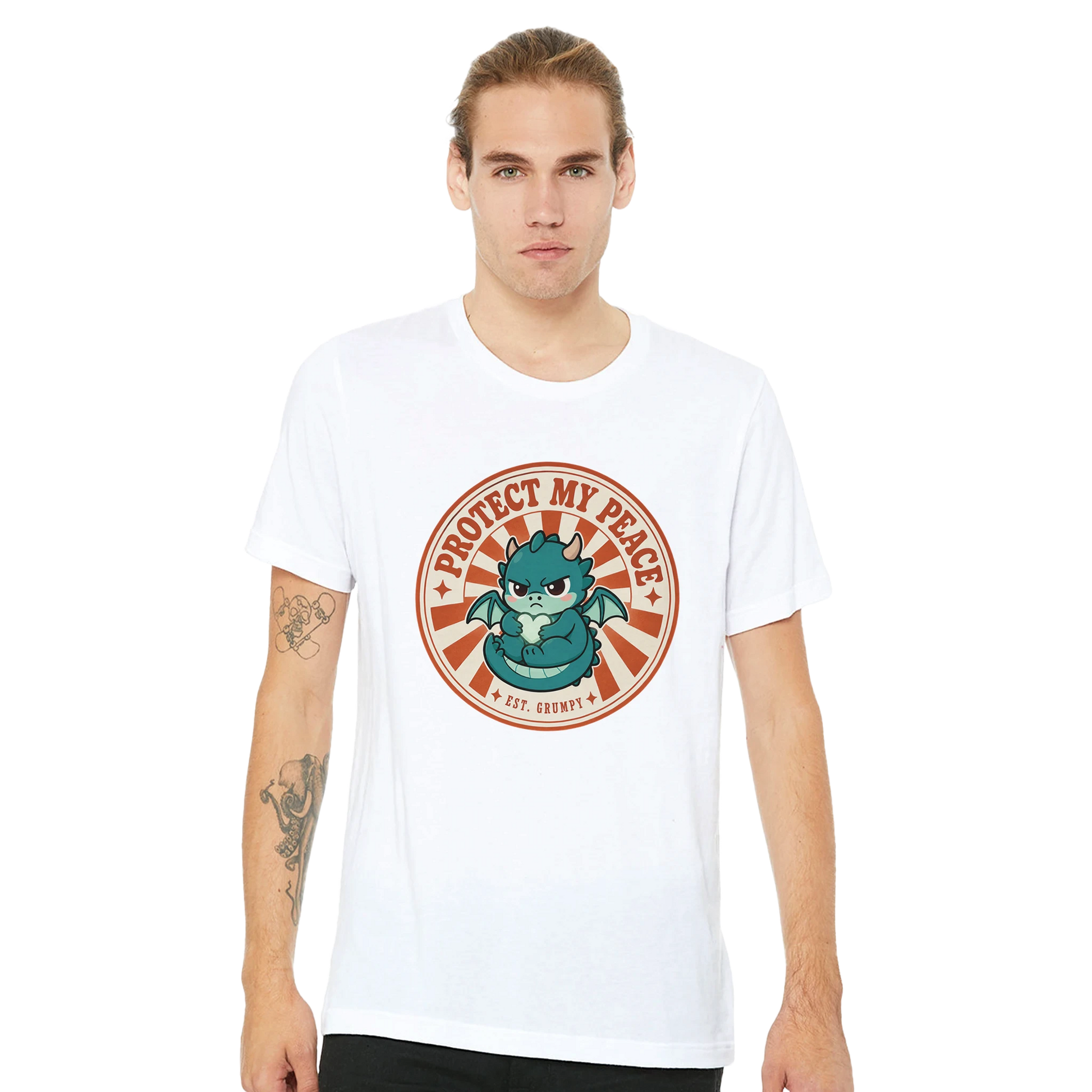 Protect My Peace dragon t-shirt worn, showing the regular unisex fit through the body and sleeve