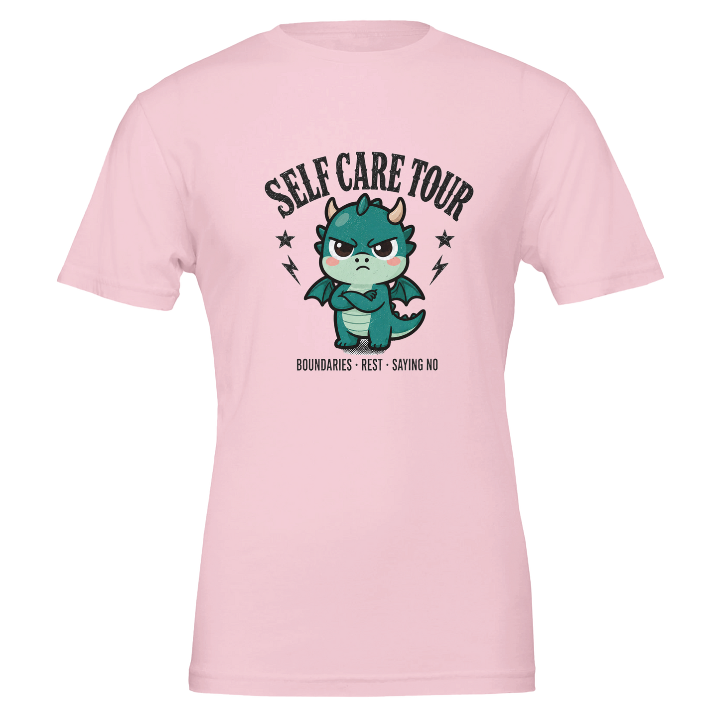 Self Care Tour dragon t-shirt in pink, front print centred