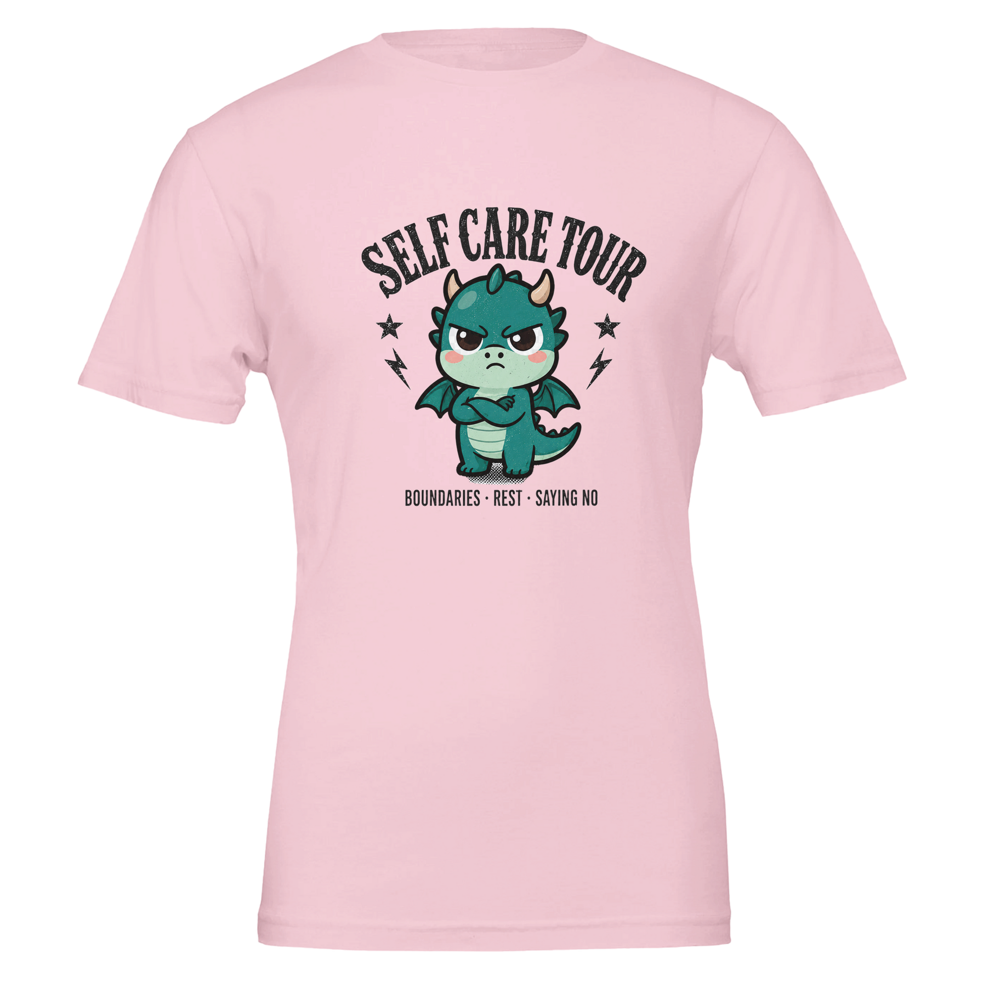 Self Care Tour dragon t-shirt in pink, front print centred