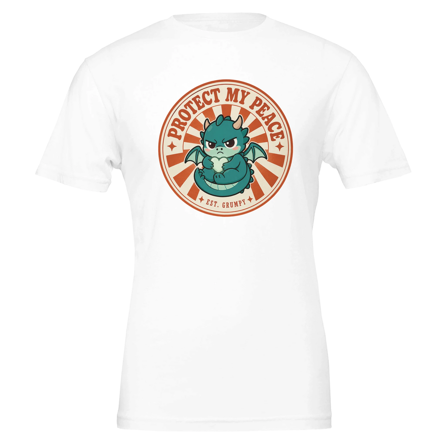 Protect My Peace dragon t-shirt laid flat, vintage badge print centred, shown in white