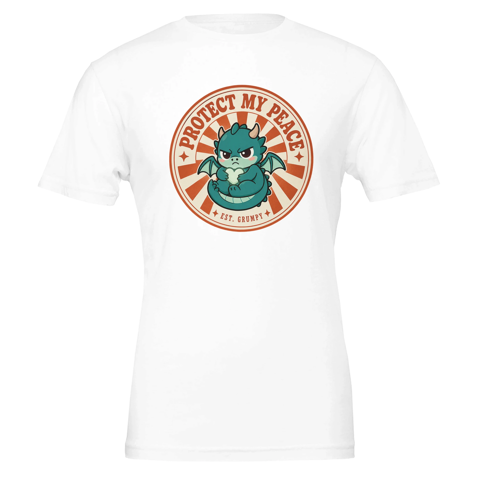 Protect My Peace dragon t-shirt laid flat, vintage badge print centred, shown in white