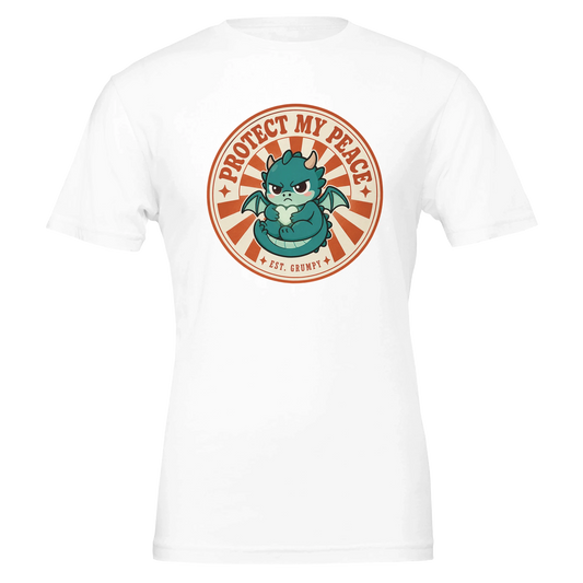 Protect My Peace dragon t-shirt laid flat, vintage badge print centred, shown in white
